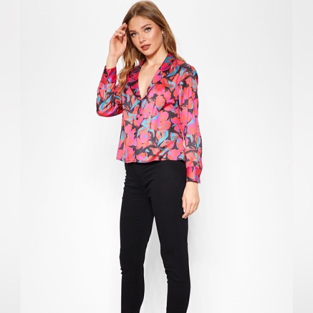 NWT Topshop Red floral Silk Button Down Top 2